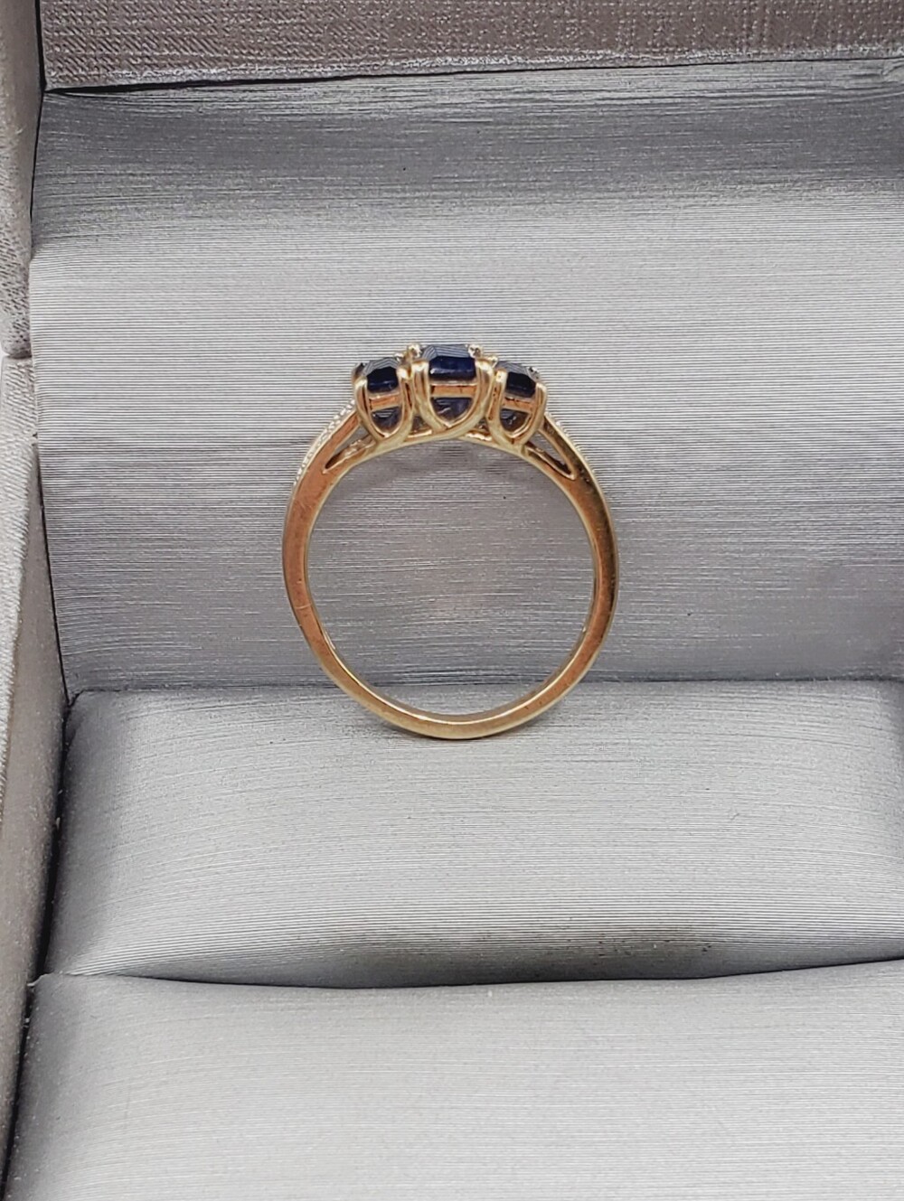 10k Solid Yellow Gold Ring with Three Blue Sapphire Radiant Cut Stones - Picture 2 of 11